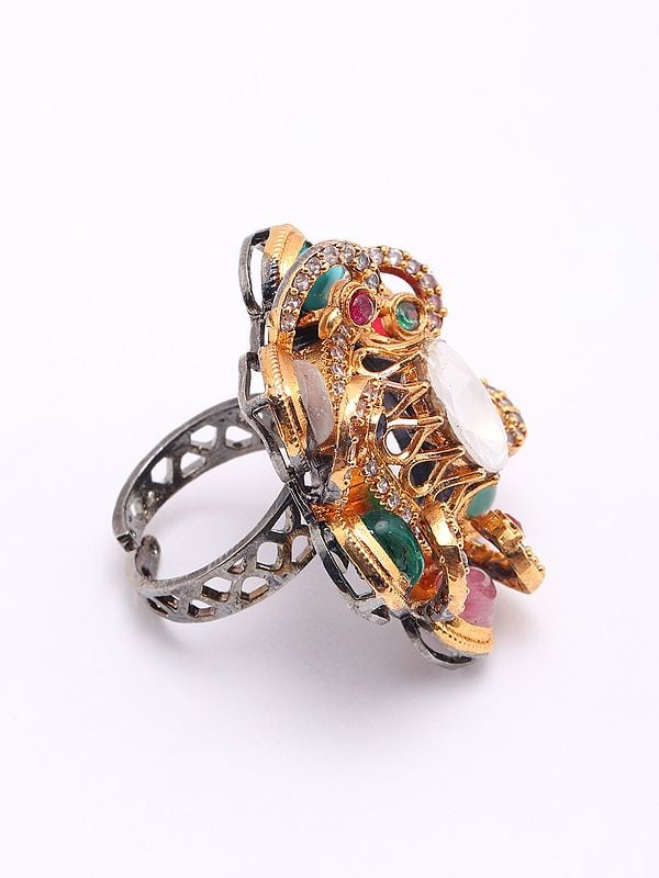 Exotic India Adjustable Floral Design Ring With Multicolor Stone 