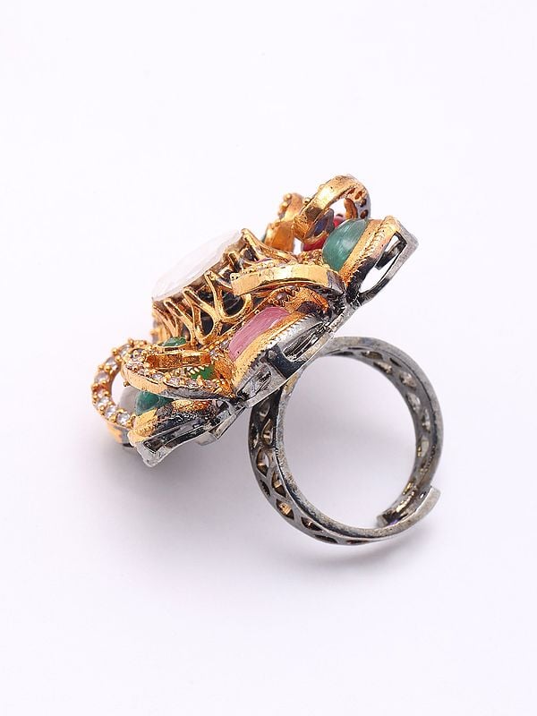 Exotic India Adjustable Floral Design Ring With Multicolor Stone 