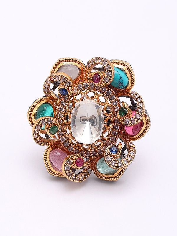 exotic india Adjustable Floral Design Ring with Multicolor Stone 
