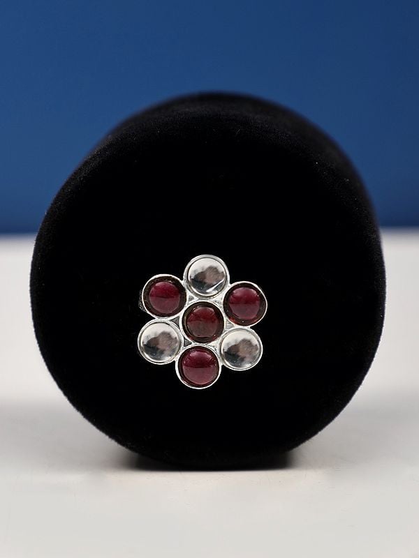 exotic india Adjustable Floral Design Sterling Silver Ring with Garnet and Crystal Stone 