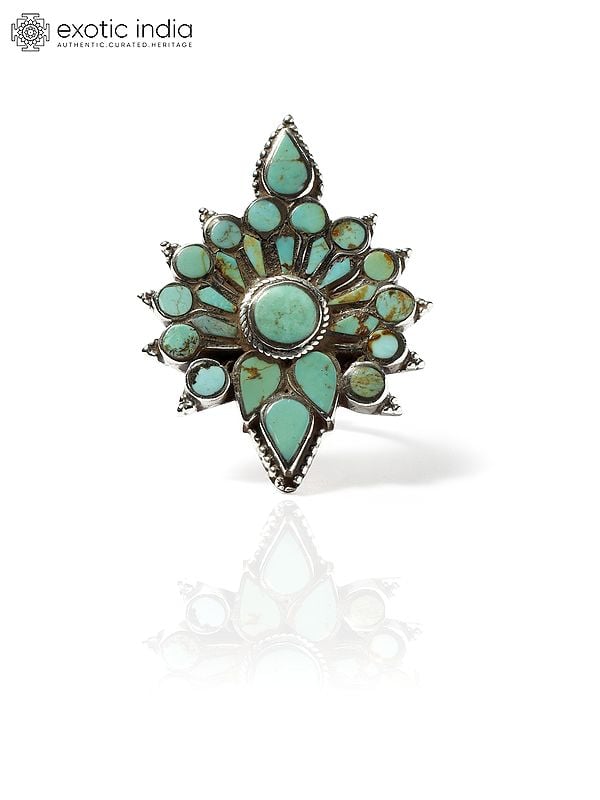 Exotic India Adjustable Floral Turquoise Gemstone Ring 