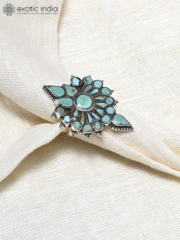 Exotic India Adjustable Floral Turquoise Gemstone Ring 