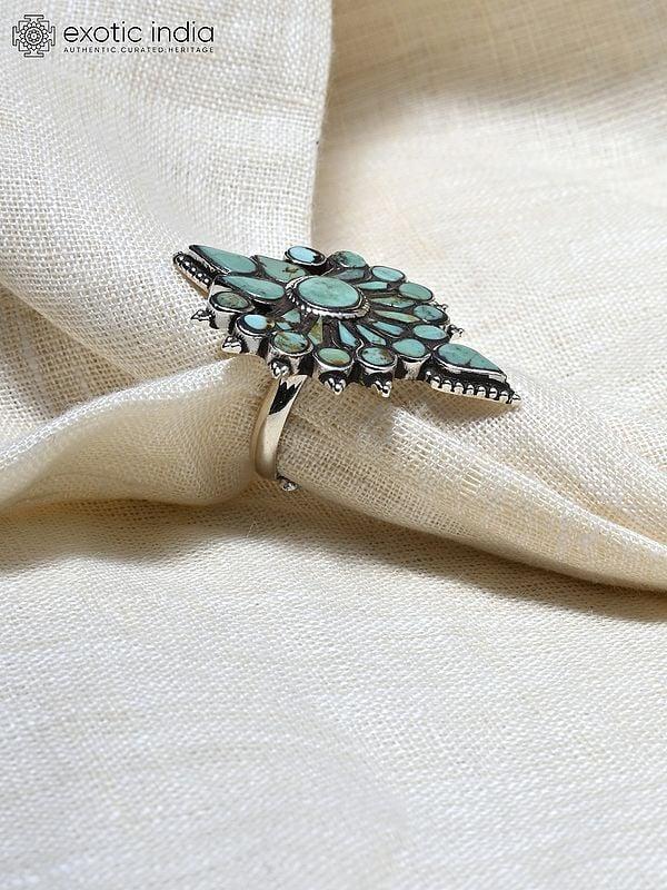 Exotic India Adjustable Floral Turquoise Gemstone Ring 