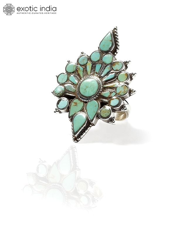 exotic india Adjustable Floral Turquoise Gemstone Ring 