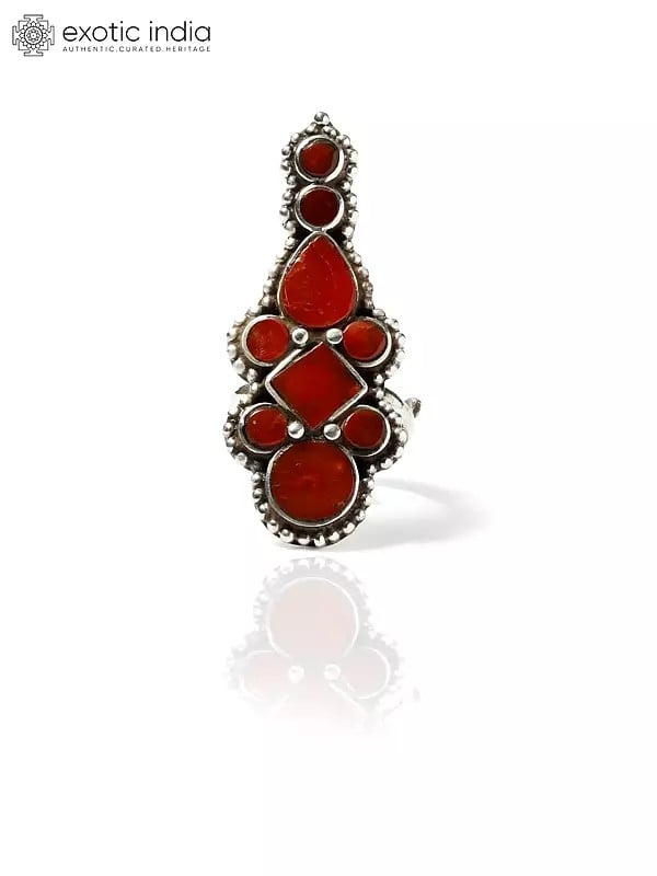Exotic India Adjustable Long Sterling Silver Ring With Gemstone 