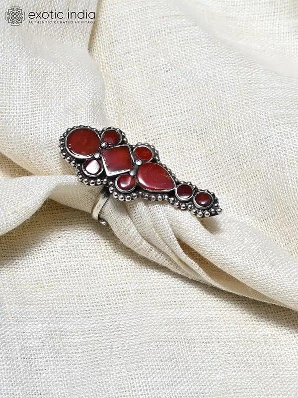 Exotic India Adjustable Long Sterling Silver Ring With Gemstone 