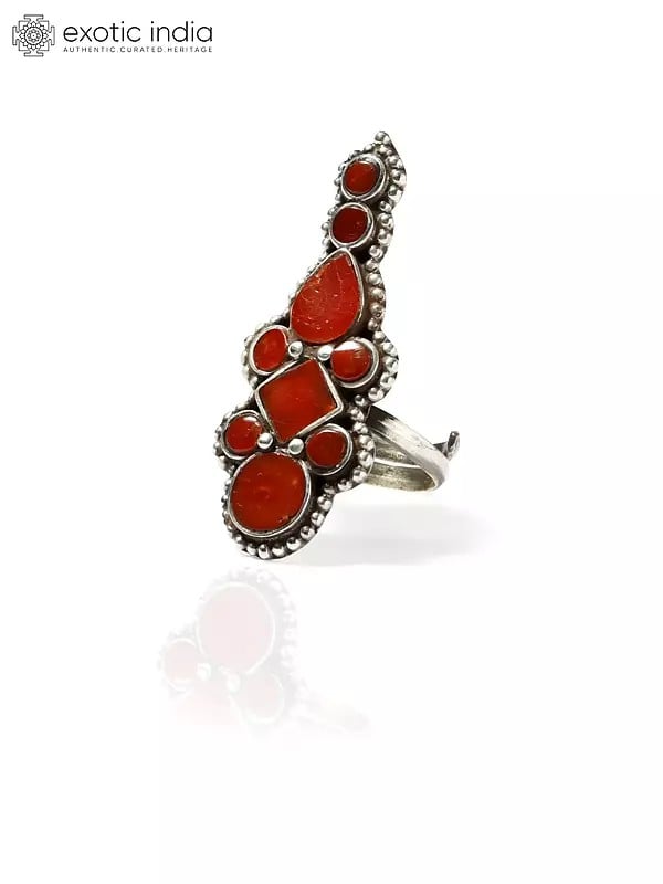 exotic india Adjustable Long Sterling Silver Ring with Gemstone 