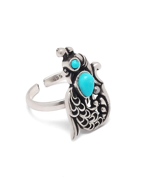 Exotic India Adjustable Peacock Design Ring With Tibetan Turquoise 