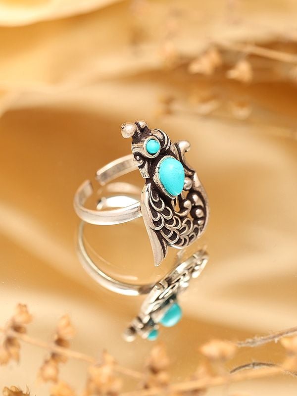 Exotic India Adjustable Peacock Design Ring With Tibetan Turquoise 