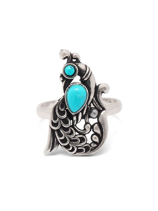 exotic india Adjustable Peacock Design Ring with Tibetan Turquoise 