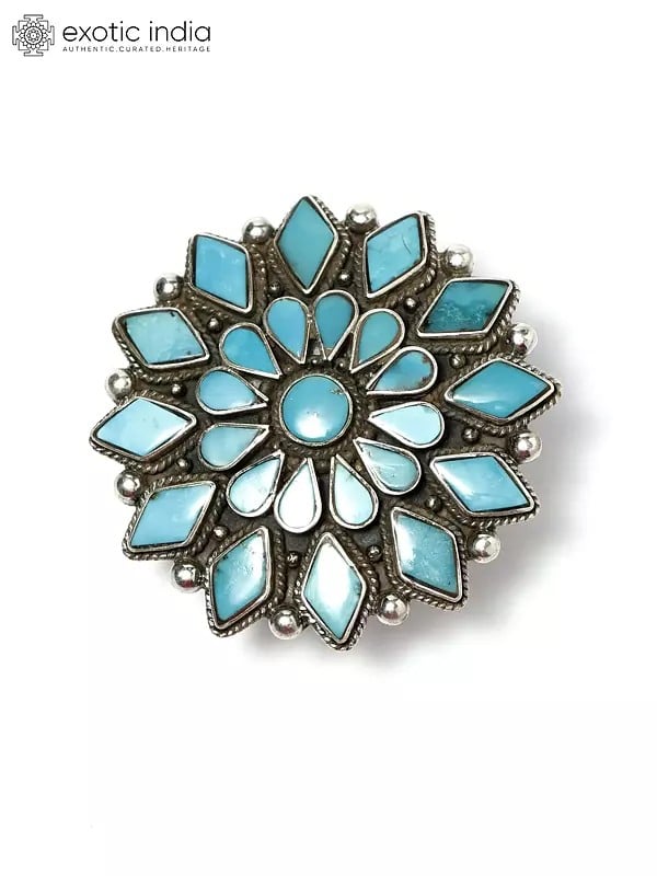 Exotic India Adjustable Persian Turquoise Flower Ring | Sterling Silver Jewelry 