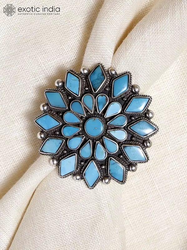 Exotic India Adjustable Persian Turquoise Flower Ring | Sterling Silver Jewelry 