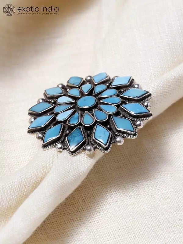 Exotic India Adjustable Persian Turquoise Flower Ring | Sterling Silver Jewelry 
