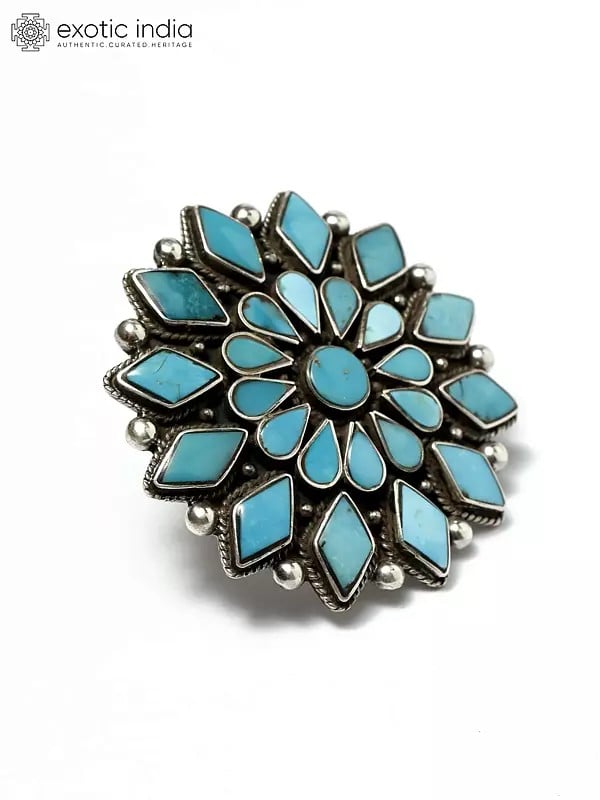 exotic india Adjustable Persian Turquoise Flower Ring | Sterling Silver Jewelry 