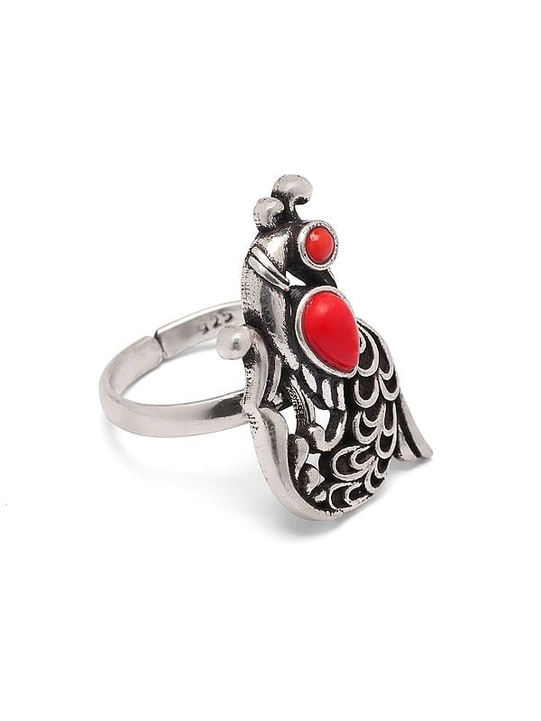 Exotic India Adjustable Sterling Silver Peacock Ring With Coral 