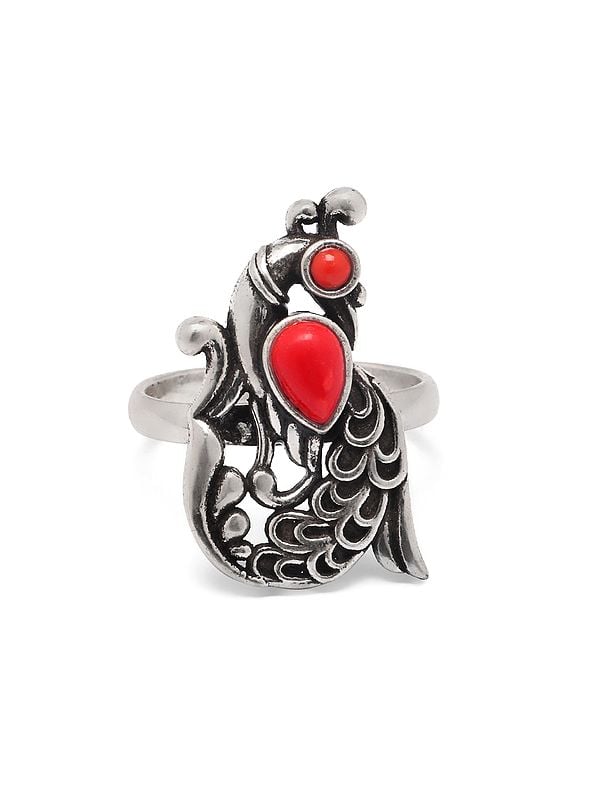 exotic india Adjustable Sterling Silver Peacock Ring with Coral 