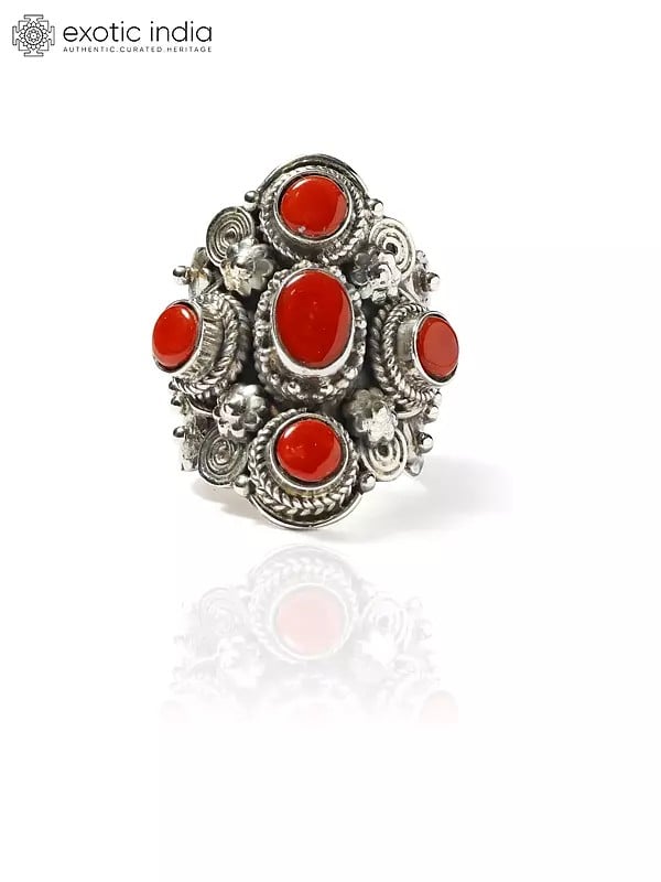 Exotic India Adjustable Sterling Silver Ring With Coral Gemstones 