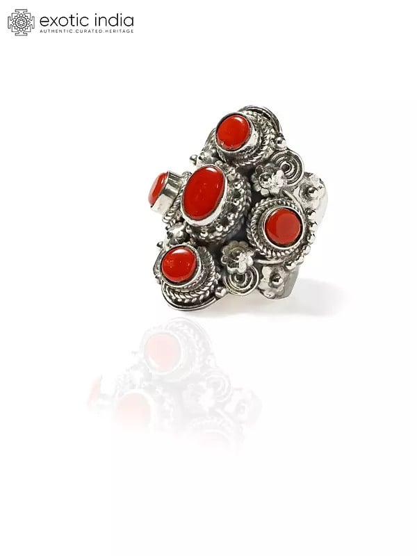 exotic india Adjustable Sterling Silver Ring with Coral Gemstones 