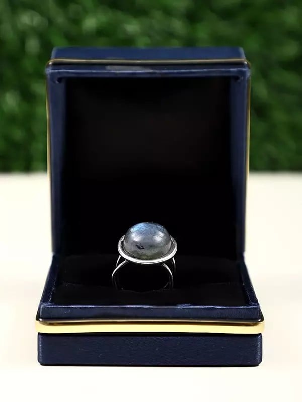 Exotic India Adjustable Sterling Silver Ring With Labradorite Gemstone 