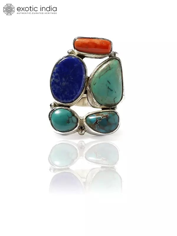 Exotic India Adjustable Sterling Silver Ring With Multiple Gemstones 
