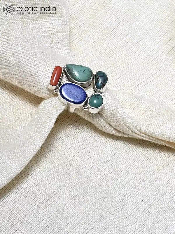 Exotic India Adjustable Sterling Silver Ring With Multiple Gemstones 