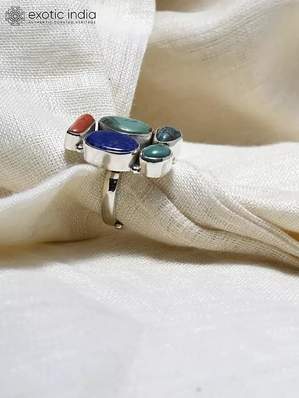 Exotic India Adjustable Sterling Silver Ring With Multiple Gemstones 