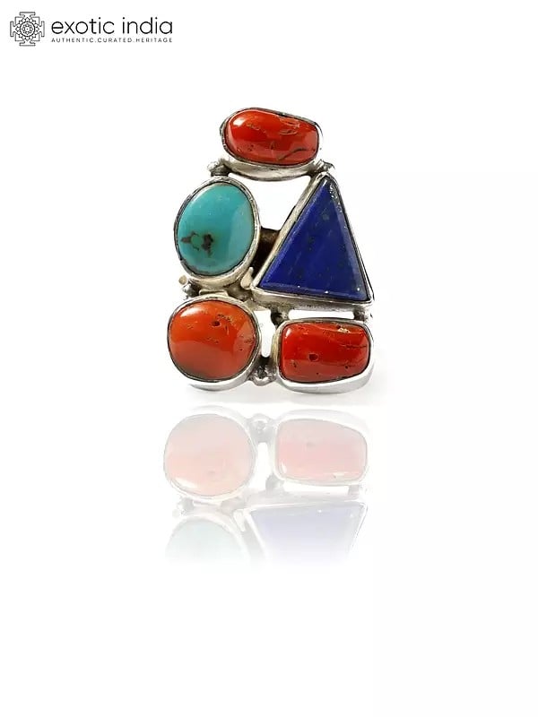 Exotic India Adjustable Sterling Silver Ring With Multiple Gemstones 