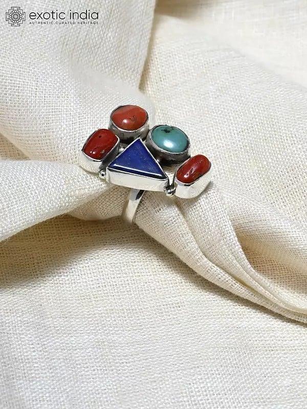 Exotic India Adjustable Sterling Silver Ring With Multiple Gemstones 