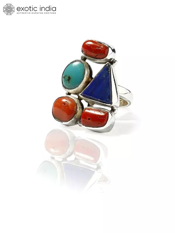 exotic india Adjustable Sterling Silver Ring with Multiple Gemstones 