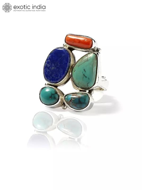 exotic india Adjustable Sterling Silver Ring with Multiple Gemstones 