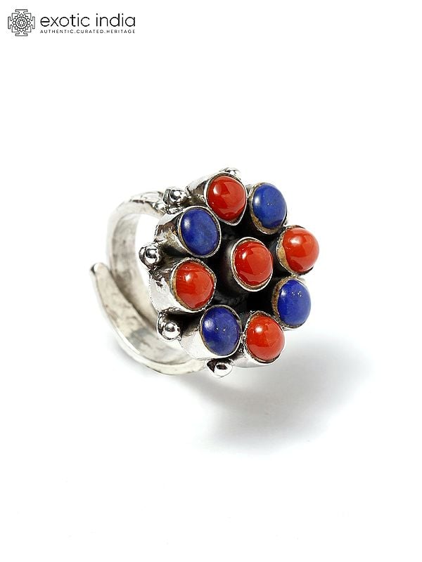 Exotic India Adjustable Sterling Silver Ring With Round Cut Coral And Lapis Lazuli 