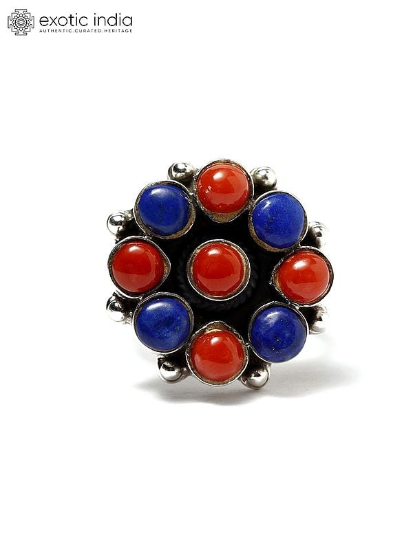 exotic india Adjustable Sterling Silver Ring with Round Cut Coral and Lapis Lazuli 