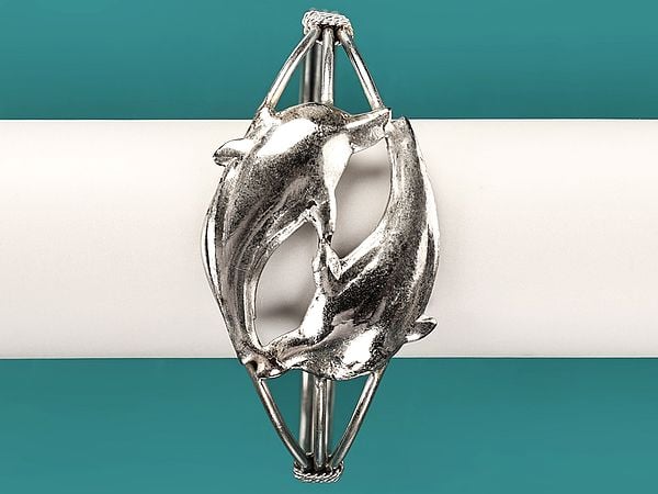 Exotic India Adjustable Twin Dolphin Upper Arm Bracelet | White Metal Jewelry 