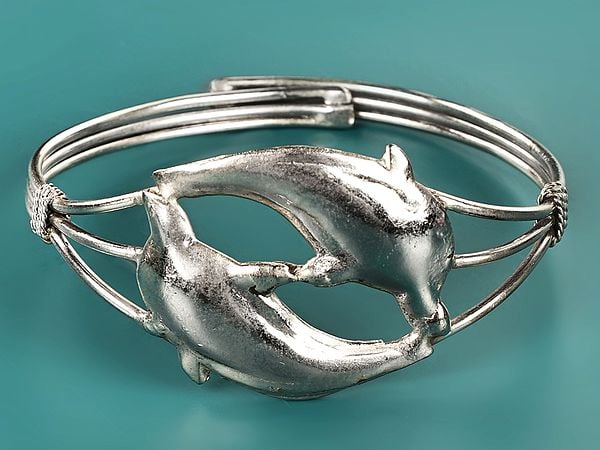 exotic india Adjustable Twin Dolphin Upper Arm Bracelet | White Metal Jewelry 