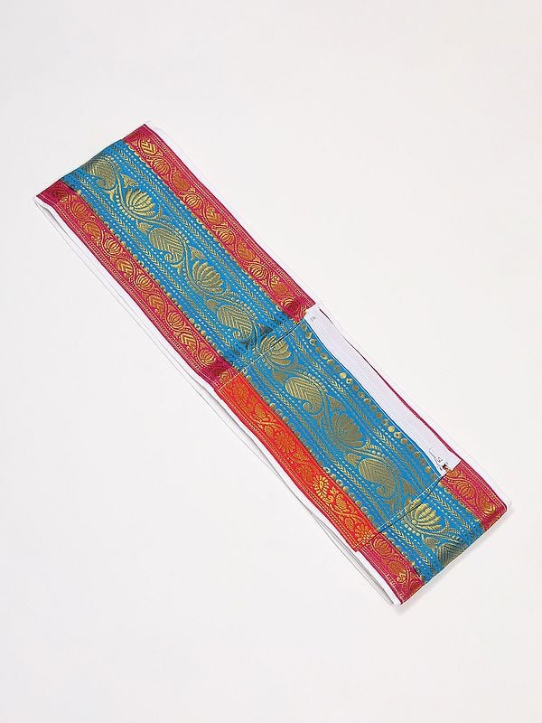Exotic India Adjustable Velcro Closure Dhoti Belt With Zip Pouch/Pocket And Zari Woven Paisley Vine 