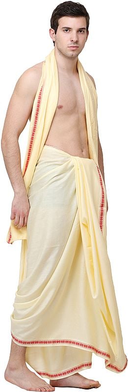 Exotic India Afterglow Dhoti And Angavastram Set From Kashi With Woven Narrow Border 