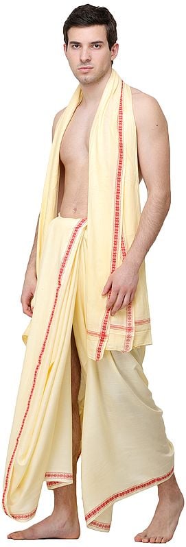 Exotic India Afterglow Dhoti And Angavastram Set From Kashi With Woven Narrow Border 