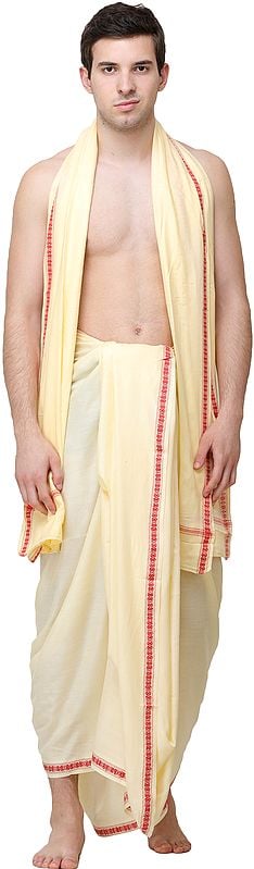 exotic india Afterglow Dhoti and Angavastram Set from Kashi with Woven Narrow Border 