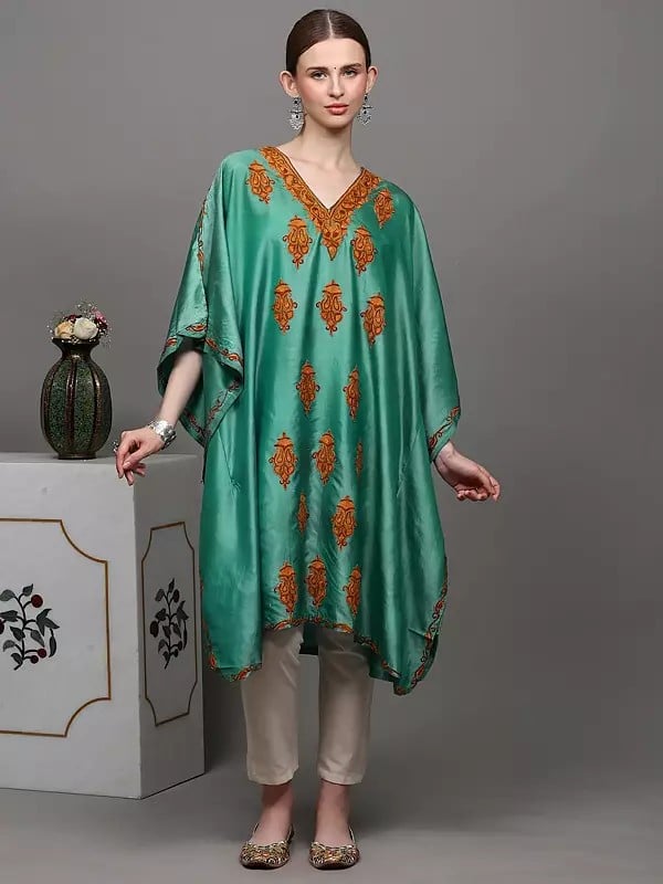 Exotic India Agate-Green Short Kaftan From Kashmir With Aari Hand-Embroidered Paisleys 