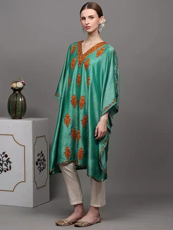 Exotic India Agate-Green Short Kaftan From Kashmir With Aari Hand-Embroidered Paisleys 