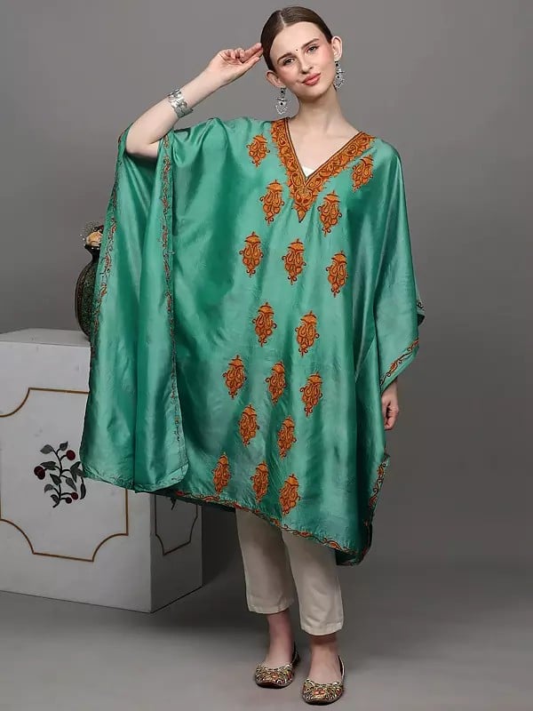 Exotic India Agate-Green Short Kaftan From Kashmir With Aari Hand-Embroidered Paisleys 