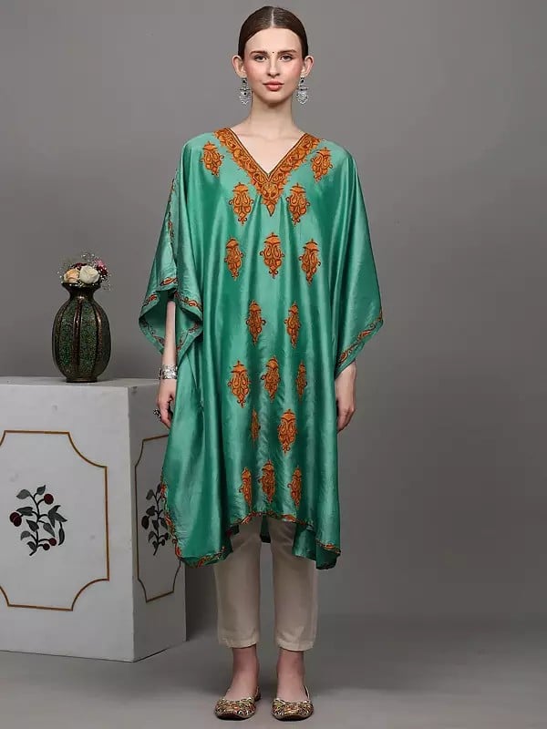 exotic india Agate-Green Short Kaftan from Kashmir with Aari Hand-Embroidered Paisleys 