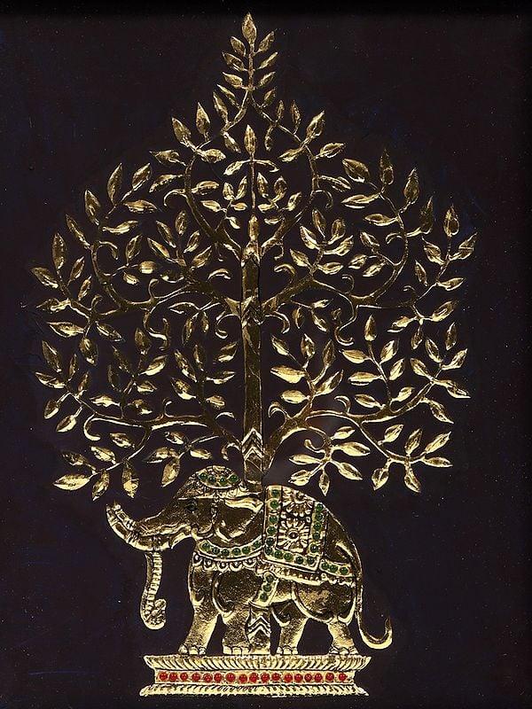 Exotic India Airavat Under Kalpavriksha | Framed Tanjore Painting
