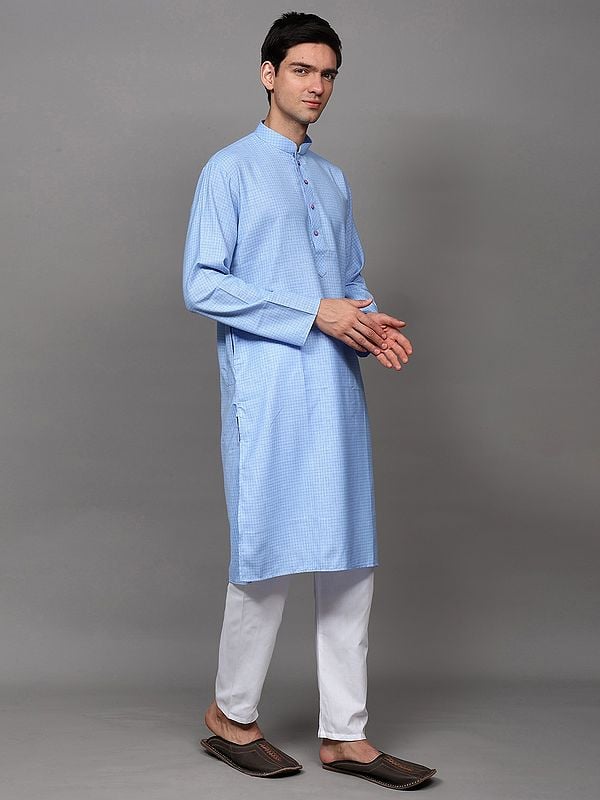 Exotic India Airy-Blue Casual Kurta Pajama Set With Woven Graph Checks 
