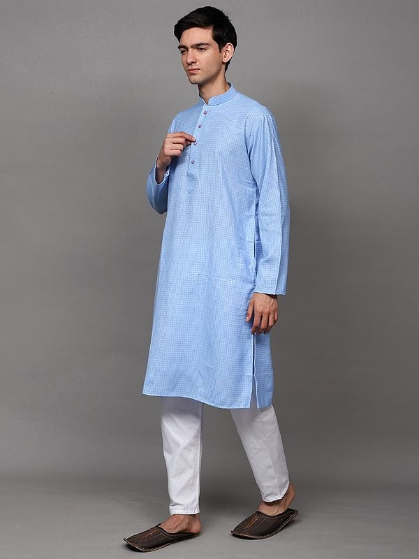 Exotic India Airy-Blue Casual Kurta Pajama Set With Woven Graph Checks 
