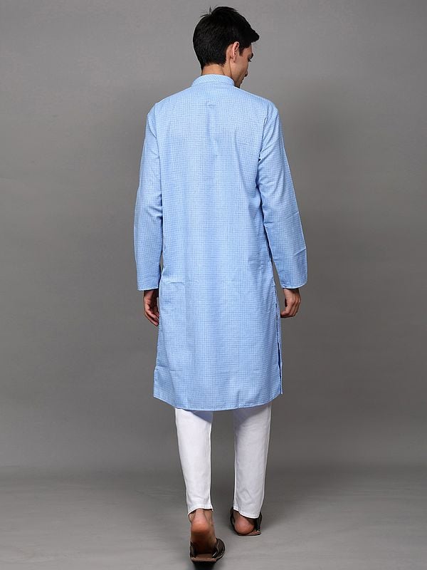 Exotic India Airy-Blue Casual Kurta Pajama Set With Woven Graph Checks 
