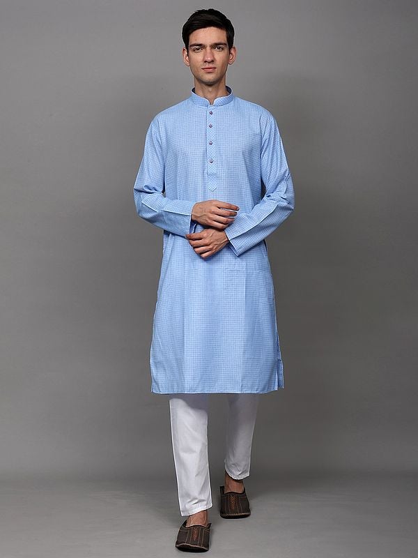 exotic india Airy-Blue Casual Kurta Pajama Set with Woven Graph Checks 