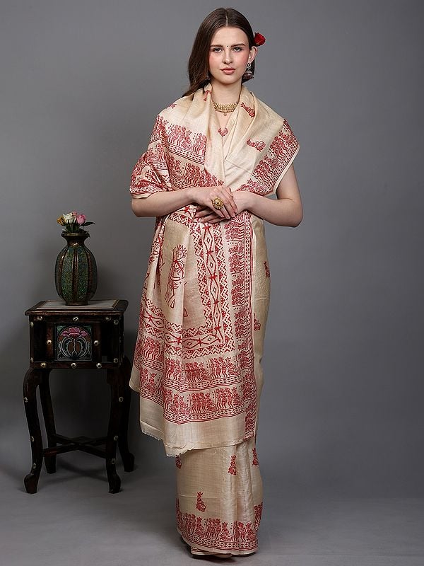 Exotic India Alabaster-Gleam Kosa Tussar Silk Saree From Bengal With Hand-Block Printed Folk Tribal Musician Figures 