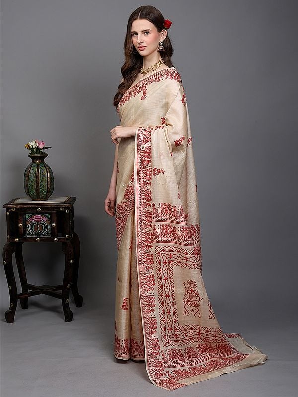 Exotic India Alabaster-Gleam Kosa Tussar Silk Saree From Bengal With Hand-Block Printed Folk Tribal Musician Figures 
