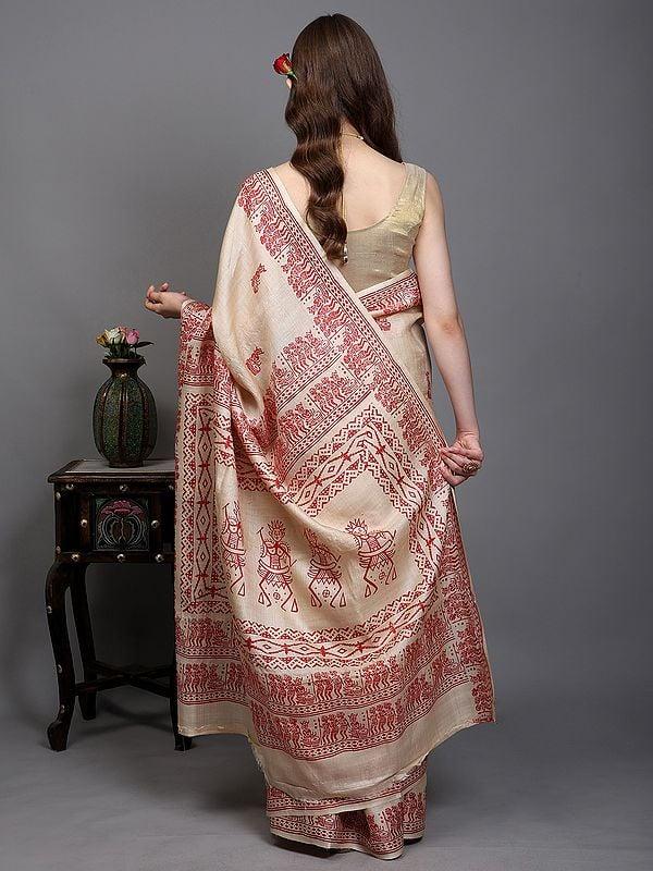 Exotic India Alabaster-Gleam Kosa Tussar Silk Saree From Bengal With Hand-Block Printed Folk Tribal Musician Figures 